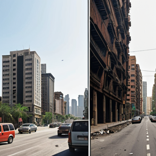 Home 4 ** A split-screen depicting two contrasting scenarios: On one side, a bustling city scene with high-rise buildings and many people, representing high demand and potential for profit. On the other side, a deserted area with abandoned buildings, representing low demand and potential for loss. The title could be "Supply and Demand: The Pulse of the Real Estate Market" written in Arabic.
**