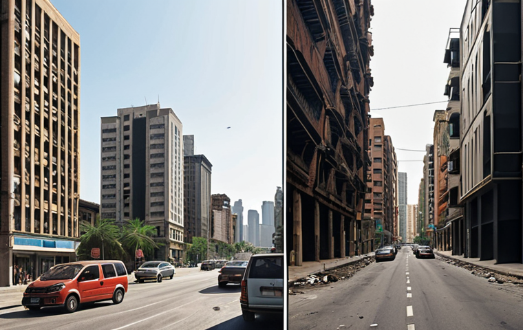 ** A split-screen depicting two contrasting scenarios: On one side, a bustling city scene with high-rise buildings and many people, representing high demand and potential for profit. On the other side, a deserted area with abandoned buildings, representing low demand and potential for loss. The title could be "Supply and Demand: The Pulse of the Real Estate Market" written in Arabic.
**