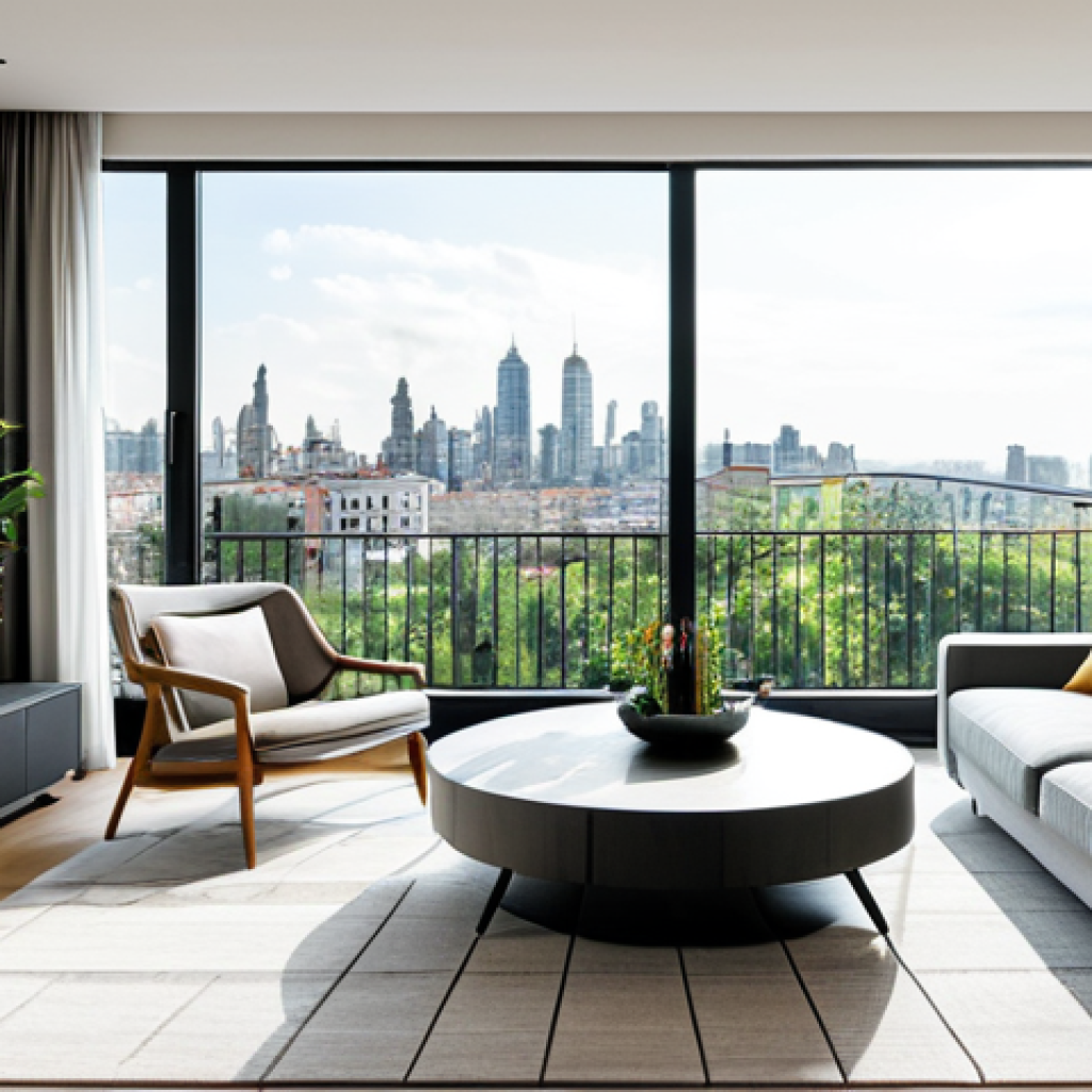 Modern Apartment Interior** A bright and inviting living room in a modern apartment, fully furnished with comfortable and stylish furniture, a large window showcasing a city view, plants adding a touch of nature, fully clothed individuals enjoying the space, appropriate attire, safe for work, perfect anatomy, correct proportions, natural lighting, professional interior photography, modest design, family-friendly. **