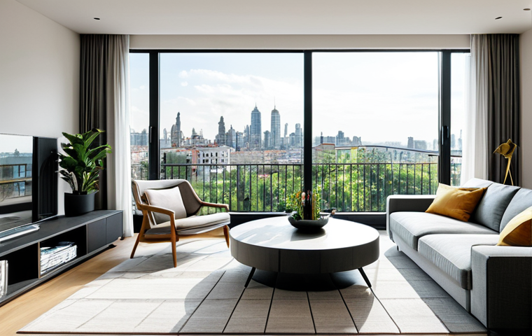 Modern Apartment Interior** A bright and inviting living room in a modern apartment, fully furnished with comfortable and stylish furniture, a large window showcasing a city view, plants adding a touch of nature, fully clothed individuals enjoying the space, appropriate attire, safe for work, perfect anatomy, correct proportions, natural lighting, professional interior photography, modest design, family-friendly. **