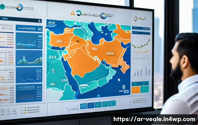 임대 부동산의 시장 조사 도구 사용법 - A detailed urban real estate market analysis scene in a Middle Eastern city, featuring a modern offi...