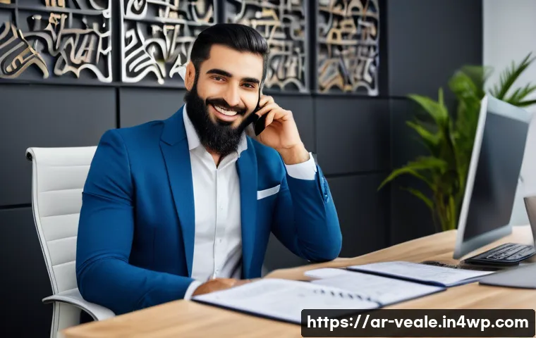 임대 부동산 관리에서의 커뮤니케이션 전략 - A professional Middle Eastern property manager sitting at a modern office desk, attentively listenin...