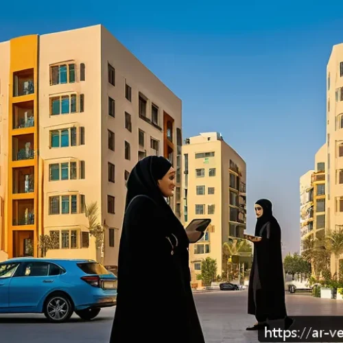 Home 17 임대 부동산 시장의 경제적 요인 - A vibrant Middle Eastern urban neighborhood scene at sunset, showing diverse young adults and famili...